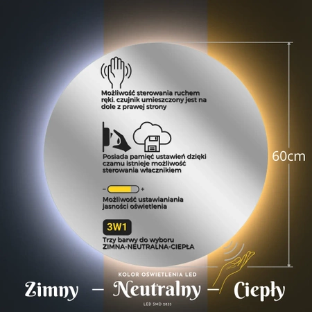 Illuminated round LED mirror 60cm three colors with motion sensor